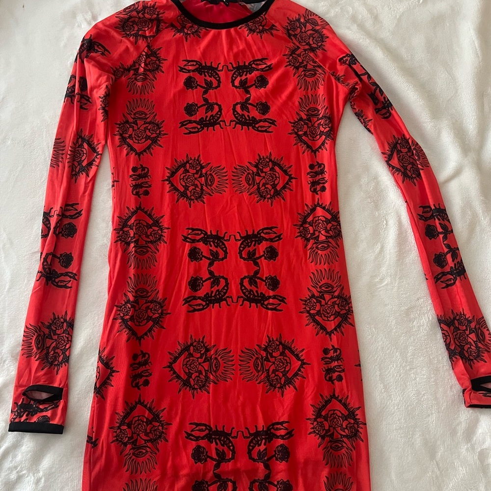 Dolls Kill Horoscopez Red and Black Scorpion Rose Patterned Dress